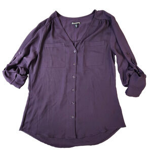 Express Purple/Eggplant Lightweight Roll-Tab Sleeve Blouse, XS, Polyester
